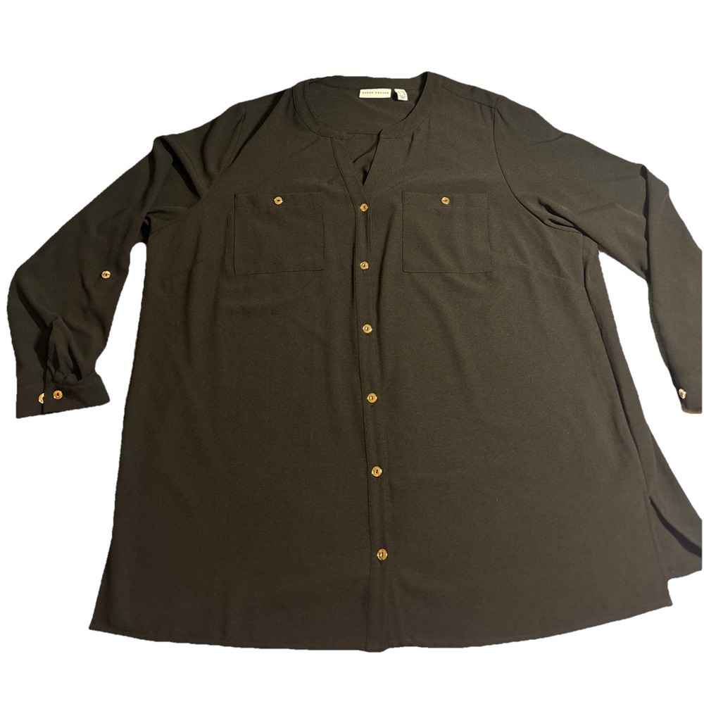Susan Graver Tunic Top Women's Black Excellent Gold Buttons Roll Tab Size 20W